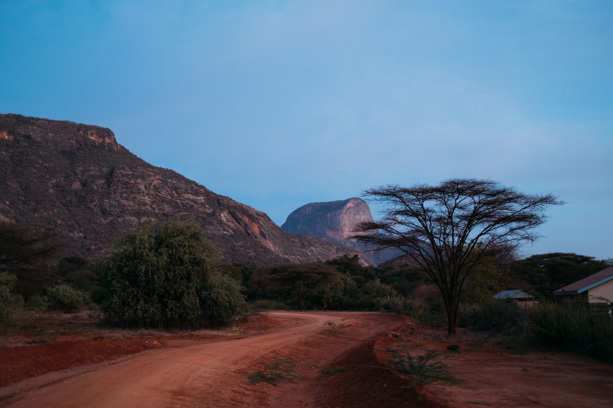 A red rock mountain above acacia trees under a blue sky in northern Kenya