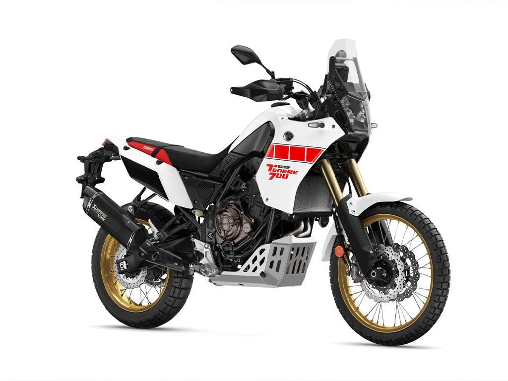 Yamaha Ténéré 700, three-quarter view, white with red stripes and gold rims