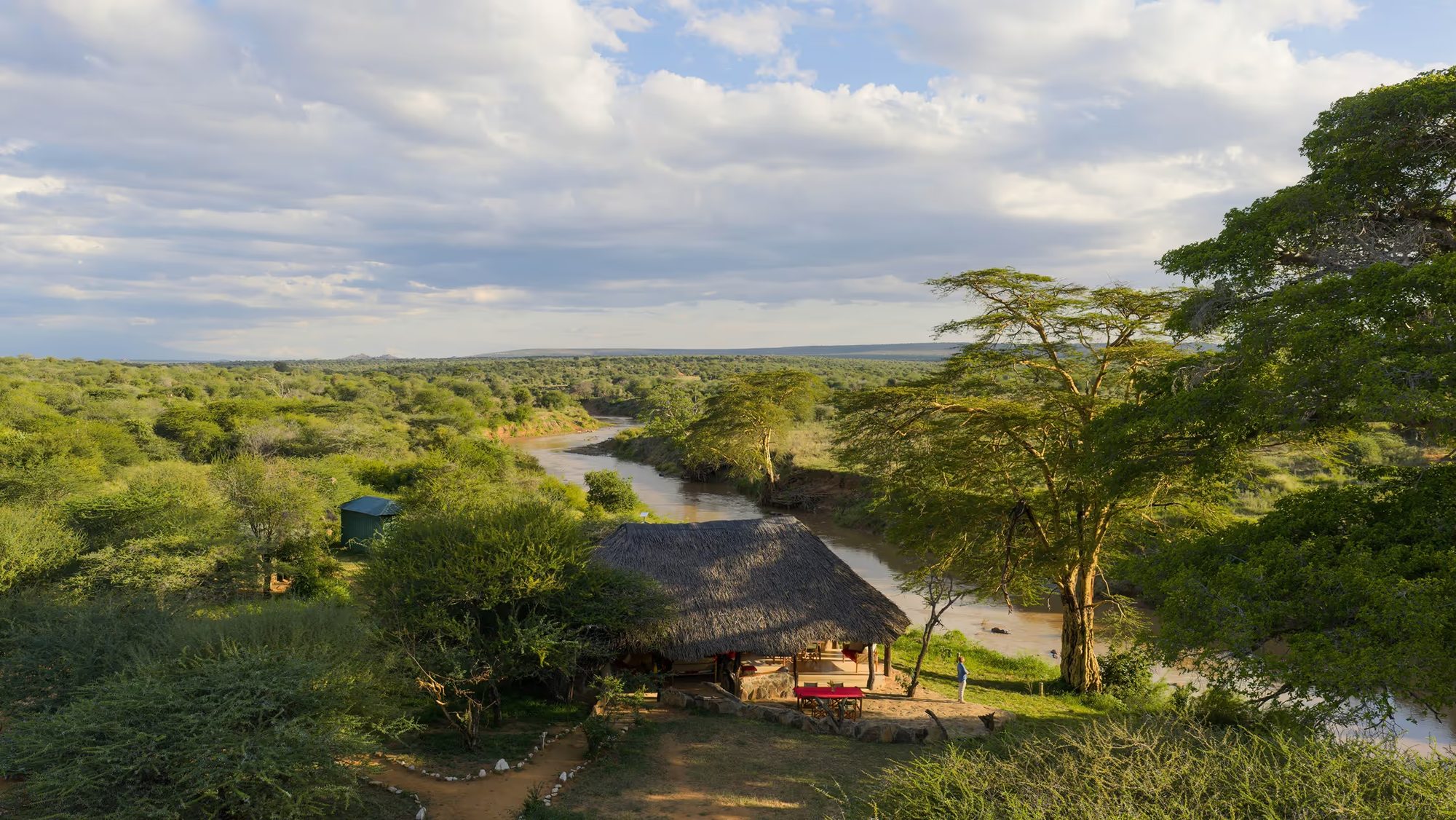 Ol Gaboli's thatched bandas beside the Ewaso Nyiro river, seen from above